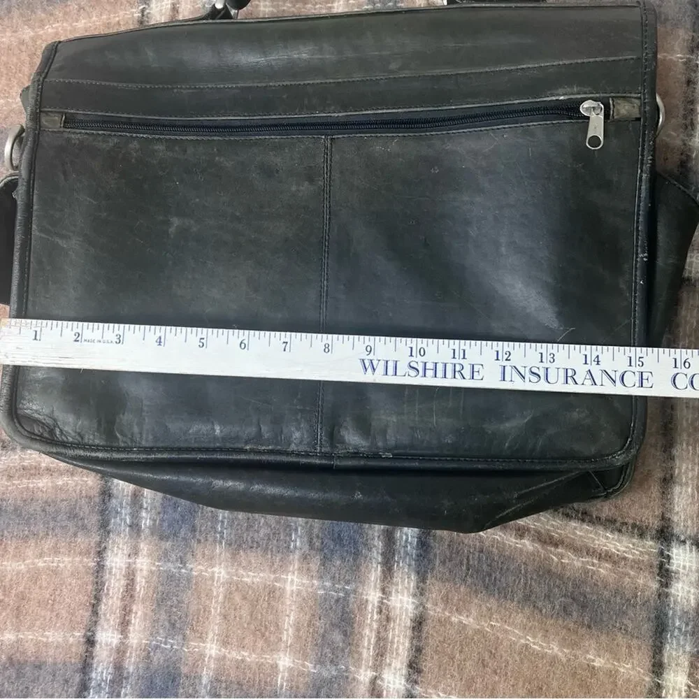 Vintage Genuine Leather Briefcase Black Multi-Pockets Distressed